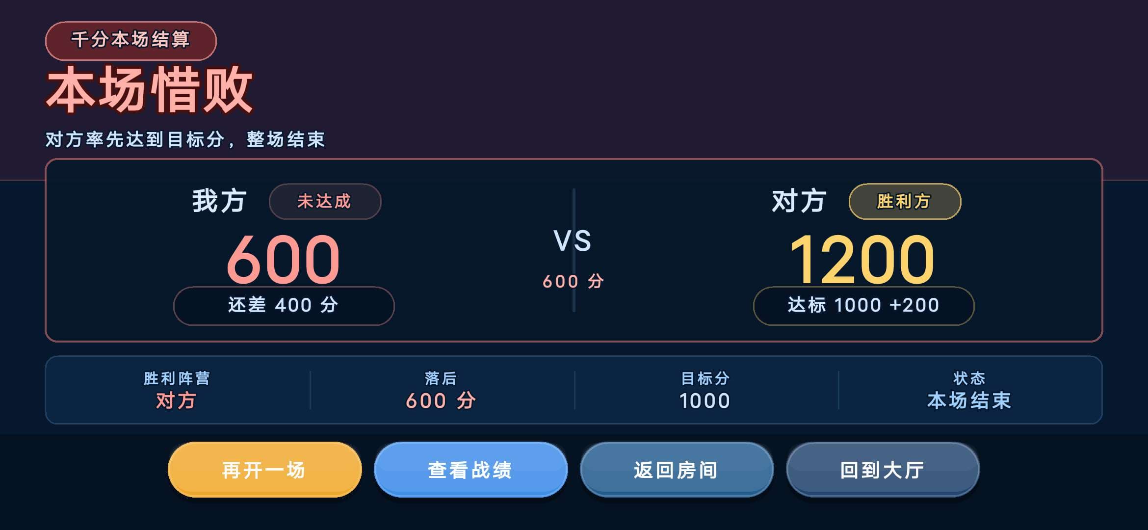 千分本场结算界面，展示阵营累计结果